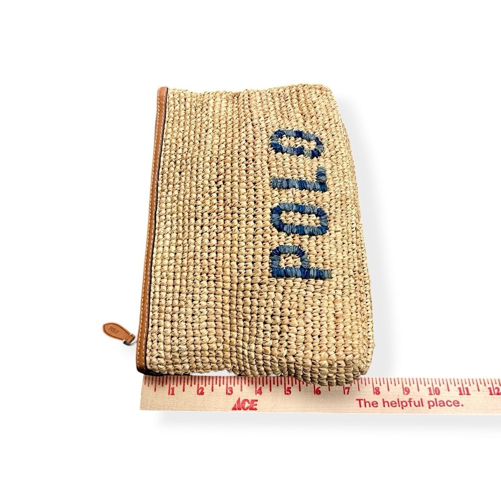 NEW Polo Ralph Lauren Natural Raffia Cow Leather Pouch Wallet Clutch Small Zip - Picture 11 of 13